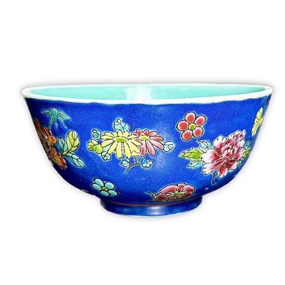 Vintage Famille Rose Blue Ground Millefleur Porcelain Rice Bowl & Spoon - Picture 2 of 10